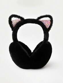 Cute Cat Ear Earmuffs For Teen Girls - Foldable Winter Ear Warmers, Sparkle Sequin Design, Solid Color, Polyester, Suitable For Ages 15+ - Multicolor - View 7