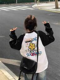 Kaos Lengan Panjang Wanita Longgar Kasual Serbaguna dengan Motif Kartun Warna Kontras, Cocok untuk Musim Semi