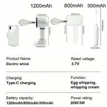 多功能双头电动打蛋器，可搅拌、打发、分离蛋清、制作咖啡，适用于鸡蛋、面粉、咖啡、牛奶、燕麦片等烘焙原料，电池容量1200mAh/800mAh，USB充电，3档速度调节 - 彩色 - 查看 9