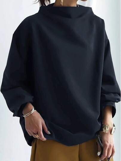 New Solid Color Spring, Summer And Autumn One-Shoulder High Collar Long Sleeve Top