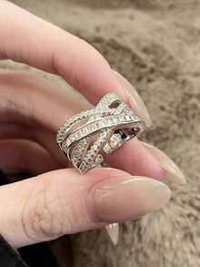 5 件奢华夸张超闪亮方晶锆石可调节开口戒指套装，适合日常时尚、宴会、派对、节日礼物、婚礼新娘佩戴 - 銀色 - 查看 8