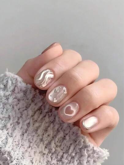 10片银色猫眼美甲贴纸，短方形美甲贴纸，夏季美甲，手工美甲贴纸，可爱樱桃美甲贴纸，短指甲，美甲用品，家居DIY美甲设计，全覆盖假指甲贴纸，人造指甲贴纸，适合女性和女孩，办公室日常佩戴假指甲，手工美甲贴纸