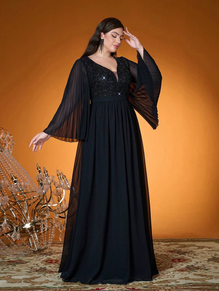 Mgiacy,V Neck,Sequin Embroidery,High-End,Plus Size Ball Dress,Flounce Sleeve,Chiffon,Long Dress,Parties And Weddings,Black,Elegant Dresses For Women - Black - View 1