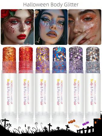 1pc Halloween Body Highlighter Stick, 3D Holographic Glitter Shimmer Makeup For Face, Hair, Body Decoration, Suitable For Festivals, Parties, Clubs - Red, Purple, Orange, Black