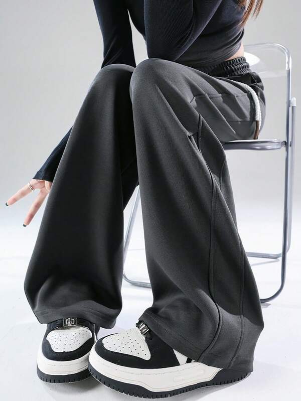 Pantalones holgados de cintura alta con efecto drapeado, pantalones de chándal rectos casuales, primavera