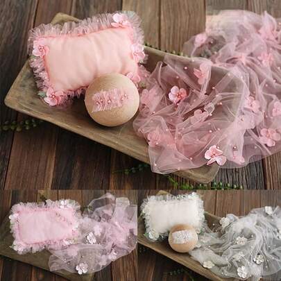 3件套婴儿珍珠襁褓毯、枕头和发带套装，新生儿摄影道具，花卉雪纺襁褓，串珠薄纱，DIY男宝宝/女宝宝摄影配件，网纱背景毯