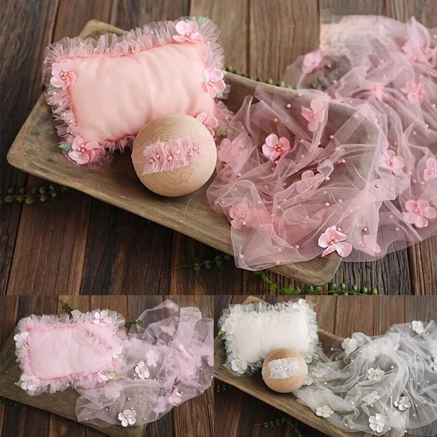 3件套婴儿珍珠襁褓毯、枕头和发带套装，新生儿摄影道具，花卉雪纺襁褓，串珠薄纱，DIY男宝宝/女宝宝摄影配件，网纱背景毯 - 彩色 - 查看 1