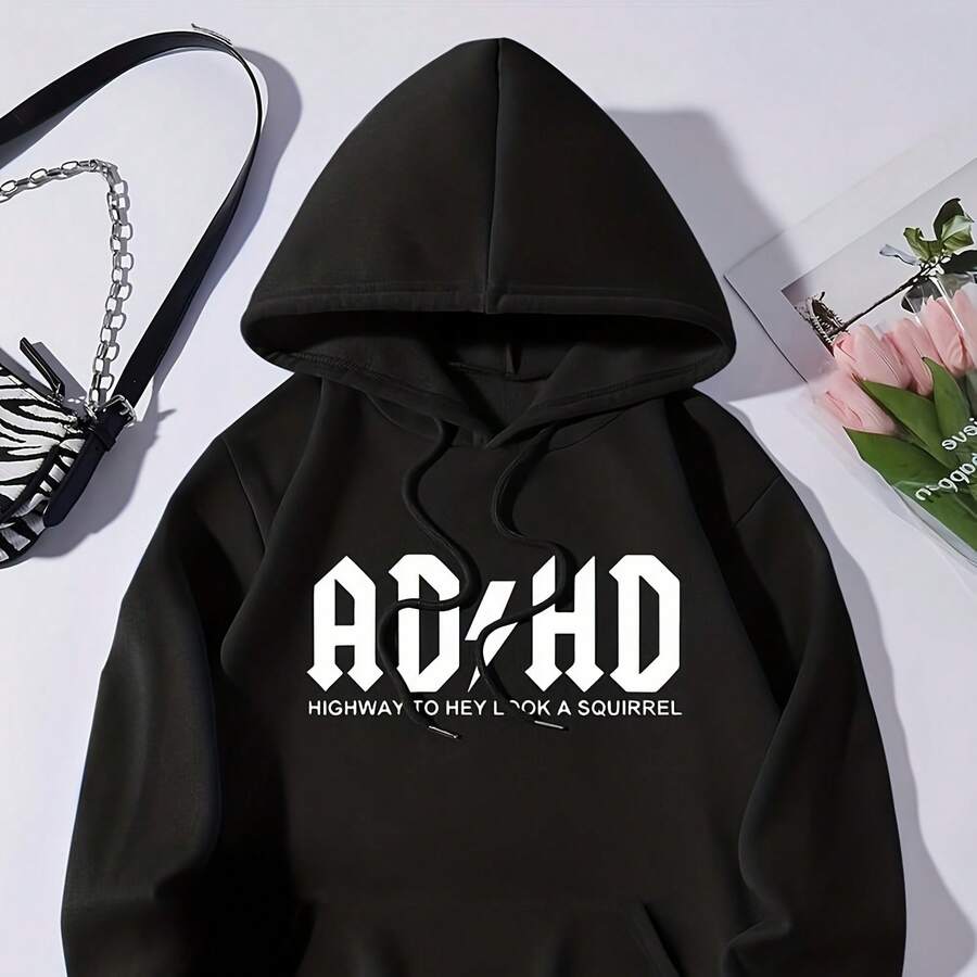 S ADHD Graphic Hoodie - Sual Long-Sve…400G Pure Cotton T-Shirt - Perfect For Family Gatherings, Gifting, And Warm Family Gifts, Enjoying Ultimate Comfort - Women's Black Hooded Sweatshirt Is Perfect For Winter Outdoor Leisure Sports - 黑4 - 查看 1