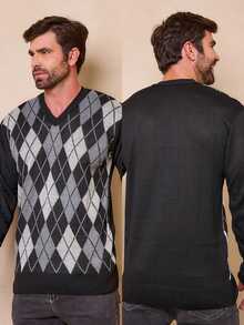 Men's Knitted Sweater V-Neck Wool Men's Cold Weather Sweater V-Neck Long Sleeve - Black - View 2