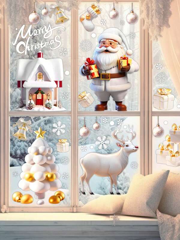 113 piezas Nuevas Pegatinas de pared desmontables de Papá Noel y muñeco de nieve de PVC, Pegatinas de pared navideñas - Para decoración de ventanas de Navidad, Juego de decoración de pegatinas de ventana navideñas - Doble cara, sin pegamento, incluye Papá Noel, copos de nieve, árbol de Navidad y escena de casa acogedora - Decoración navideña reutilizable para el hogar