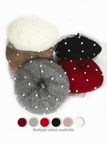 1顶纯色复古优雅奢华休闲羊毛水钻珍珠贝雷帽，秋冬时尚优雅刺绣艺术家帽，网眼南瓜帽