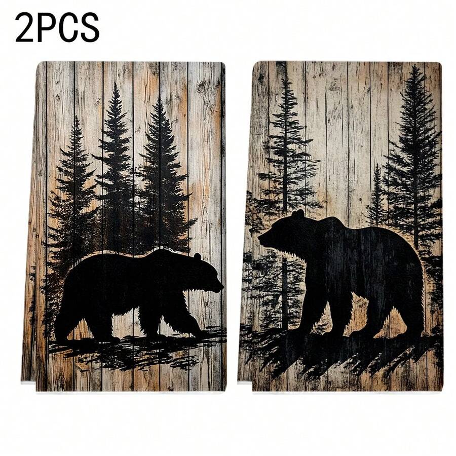 1 set/2 pièces/100 pièces Serviettes de cuisine et torchons avec motif de silhouette d'ours noir et de pins sur fond en bois, convient pour la décoration intérieure des restaurants, cuisines et salles de bains, la décoration de fête, les cadeaux de festival, en tant que cadeau