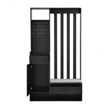 Flurgarderobe mit gepolsterter Aufbewahrungsbank, multifunktionaler Flur-Schuhschrank mit Stecktafel, moderne Garderobe mit 4 Haken für Eingangsbereich, Waschküche, Schwarz,H180/B100/T35 cm