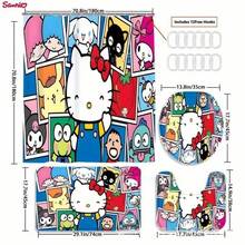 Sanrio 3-Piece Hello Kitty Bathroom Set, Includes Waterproof Shower Curtain, Toilet Lid Cover, Bath Mat, U-Shaped Mat, Comes With 12 Hooks, Available In Pink, Blue, And Full Family Characters, Suitable For Home And Bathroom Decor Christmas Decor
