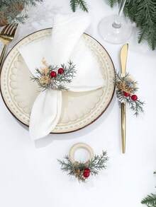 3Pcs Christmas Napkin Rings ,Realistic Pine Needles, Red Berries And Pinecone Accents, Elegant Xmas Table Setting Accessories, Decoration For Christmas Party,Dinner - Multicolor - View 2
