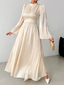 女士优雅立领长袖连衣裙，派对礼服，婚礼宾客礼服，仙女风，毕业礼服，生日礼服，返校季春季穿搭 - 香檳色 - 查看 5