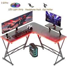 Fashion L-Shaped Gaming Desk With Movable Monitor/Laptop Stand, Modern Game Table, Black Esports Desk, Home Office Desk, Metal Frame Computer Table With Carbon Fiber Desktop, Versatile L Shaped Corner Desk With Light Strip + Headphone Hook + Cup Holder, Area Of Desk Surface: 10.59 Ft² + 1.04 Ft² - & CF Desktop + Light Strip + Cup Holder + Headphone Hook - View 2