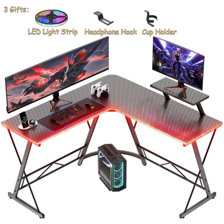 Fashion L-Shaped Gaming Desk With Movable Monitor/Laptop Stand, Modern Game Table, Black Esports Desk, Home Office Desk, Metal Frame Computer Table With Carbon Fiber Desktop, Versatile L Shaped Corner Desk With Light Strip + Headphone Hook + Cup Holder, Area Of Desk Surface: 10.59 Ft² + 1.04 Ft²