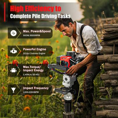 Portable Gasoline Pile Driver, 32.6cc 0.9KW 20-45J Impact Energy, 1200-2200RPM With 2 Sleeves(φ55/70mm) For Fencing, Gardening, Construction, Post Driving