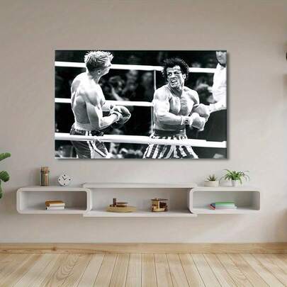 Arte de pared de lienzo sin marco - Decoración en blanco y negro de Rocky Balboa boxeando, obra de arte de una escena icónica de boxeo para fanáticos, perfecta para el gimnasio en casa o espacios con temática deportiva
