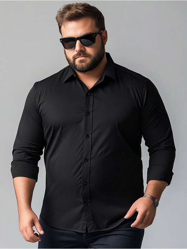 Plus Size Men's Black Casual Long Sleeve Shirt, Outdoor Leisure Minimalist Fashion Shirt, Fall
