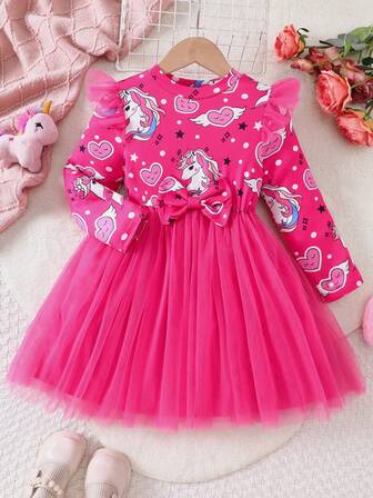 Young Girls' Cartoon Print Contrast Mesh Long Sleeve Dress, Autumn/Spring