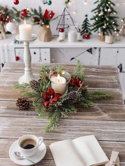 1pc/2pcs Christmas Candle Ring Wreath Artificial Pine Needles Pine Cones Red Poinsettia Flowers Winter Fake Red Floral Greenery Leaf Plant Candlestick Garland, Faux Green Xmas Cypress Leaf Candlestick Wreath ,For Christmas Wreath Xmas Decoration Christmas Decorations Room Decor