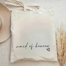 1pc Maid Of Honor Reusable Tote Bag - Durable Polyester Canvas With Heart Design, 15.7x13.7inch, High-Quality Travel & Shopping Bag, Unique Wedding & Bridal Shower Gift For Bridesmaids, Wedding Gift Bag| Elegant Script Design| Sturdy Handles, Wedding Gifts For Bridesmaids - trắng - Xem 4