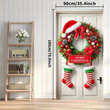 1pc, 35.4x70.8 Inches (90x180 Cm), Merry Christmas, 2D A Christmas Curtain Design Themed Around Santa Claus Hats And Socks, Made Of Polyester, Suitable For Birthdays, Parties, Celebration Events, Indoor/Outdoor Decoration, Home, Porch, Lawn, Garden, Courtyard Decoration, Universal Theme, With Holes For Easy Hanging