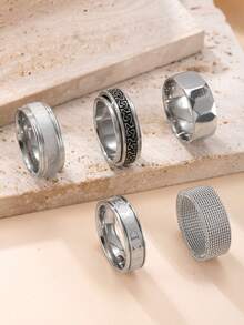 5pcs Fashion Stainless Steel Rings Set, Simple Golden Rotatable Rings, Hip Hop Hollow Out Rings Set - 5pcs - View 17