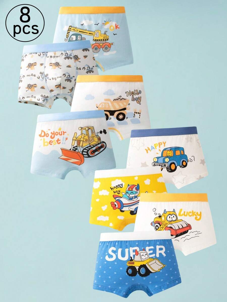 8 Pairs Of Cartoon Dinosaur Car Print Boy Cotton Boxers, Big Boy Boy Baby Multi-Color Boxer Briefs Comfortable And Soft Four Seasons