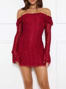 Women's Autumn Lace Ruffle Off Shoulder, Long Sleeve Lace Patchwork Waist A-Line, Elegant, Romantic, Sexy, Pure, Chic Mini Dress For Date, Midnight Party, Music Festival - Red - View 7