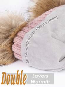 Thermal Lined Cute Winter Beanie Hats For Women Girls Warm Knit Hats With Double Faux Fur Pom Poms - A - View 6