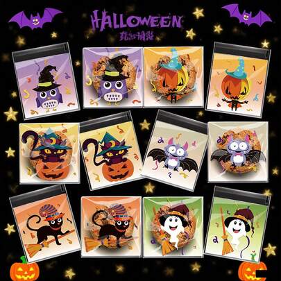 100/200 piezas Bolsas de celofán para dulces de Halloween, bolsas de embalaje para galletas de Halloween, bolsas de embalaje con diseños de calabaza, fantasma, gato negro, murciélago y búho, bolsas de celofán autoadhesivas transparentes para galletas y dulces, bolsas de plástico autoadhesivas para regalos y meriendas para fiestas de Halloween, trucos o dulces, suministros para fiestas (6 estilos)