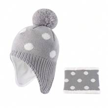 Baby Boys Girls Winter Hat And Collar Scarf Set Knit Toddler Earflaps Beanie Kids Warm Fleece Lining Hat With Pompom