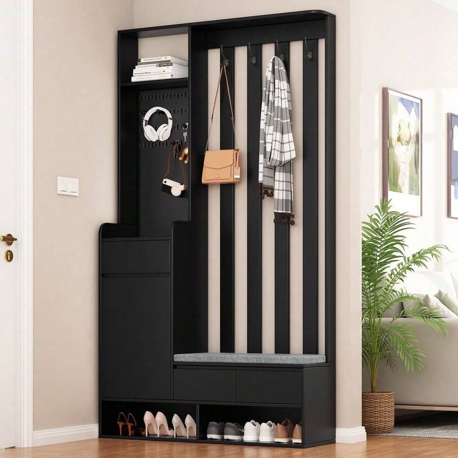 Flurgarderobe mit gepolsterter Aufbewahrungsbank, multifunktionaler Flur-Schuhschrank mit Stecktafel, moderne Garderobe mit 4 Haken für Eingangsbereich, Waschküche, Schwarz,H180/B100/T35 cm