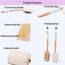 Handheld 2-In-1 Anti Slip Long Wooden Handle Shower Body Brush With Bristles And Loofah Flesh, Double-Sided Long Handle Back Scrub, Body Exfoliating, Wet Or Dry Brush, Back Washer, Back Exfoliating Body Washer Shower Scrub Brush Long Handle Suitable For Men And Women