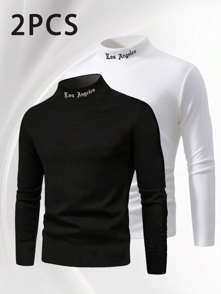 2PCS Long-Sleeved Half Turtleneck Base Layer Shirt With Letter Pattern, Casual T-Shirt For Men In Autumn And Winter, Two Pieces Set