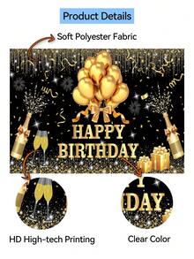 1 Peça Painel de Fotografia de Aniversário Feliz Preto e Dourado, Balões Brilhantes, Pontos, Fogos de Artifício, Faixa de Festa, 59.1*39.4/82.7*59.1/106.3*70.9 Polegadas, Taças de Champanhe, Caixa de Presente, Bottom de Foto Interno e Externo, Decoração de Chá de Bebê