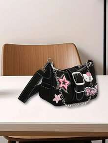 Sanrio Bolso de hombro de mujer de piel sintética con elegante estampado de estrellas de Hello Kitty de Sanrio, adecuado para viajes, compras y picnics
