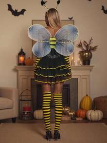 Women Halloween Bee Costume Set Sleeveless Cami Bodysuit With Cute Headband And Mesh Wing - Yellow - View 7