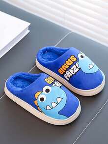 1 Pair Toddler/Kids Cute Dinosaur Print Plush Lined Soft Bottom Indoor Slippers, Suitable For Winter, Unisex