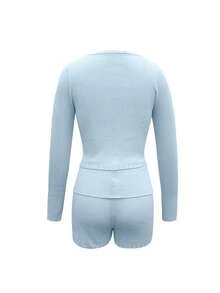 Femmes Nouveau Style Bleu Carré Manches Longues Col Faux Bouton Vers Le Bas Ajusté De Base, Short à Ceinture Relevable, Doux Sexy Yoga Fitness Exercice Jogging Matin Décontracté Tricot Côtelé Deux Pièces Tenues, Automne Et Hiver