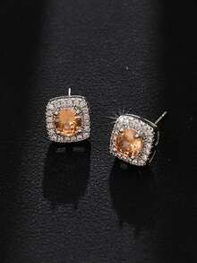 2pcs Cubic Zirconia Square Stud Earrings, Fashionable Luxury Personalized High-End Unisex Earrings For Daily Wear