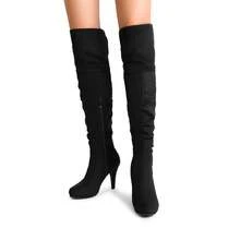 Women's Knee-High Boots, Comfortable Chunky Block Heel Pointed Toe Pull On Side Zipper Suede Slouch Riding Boots - Black - View 10