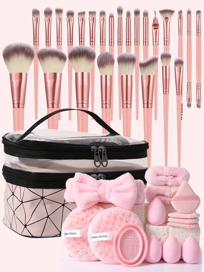 40/26/14/3pcs Combination Set Of Makeup Brushes And Makeup Sponges,Makeup Remover Puff ,Makeup Bag & Eyeshadow Brush & Eyebrow Brush & Foundation Brush & Powder Makeup Brush & Blush Brush & Concealer Brush & Highlighter Brush Ultra-Soft Premium Synthetic Hair For Daily Makeup On Face
