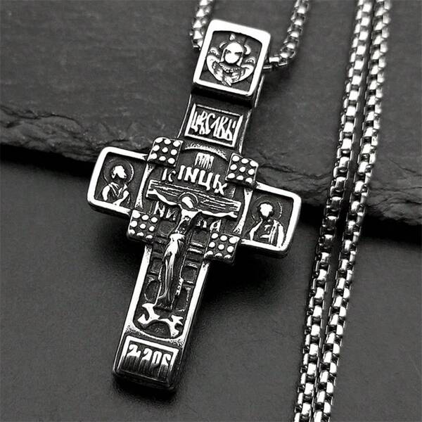 Collier pendentif croix orthodoxe russe de Jésus pour femmes et hommes. Chaîne de prière en acier inoxydable avec crucifix pour baptême. Bijoux