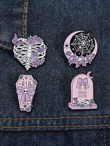 4Pcs Halloween Coffin RIP Bowknot Enamel Pin Witchy Moon Spider Web Spooky Brooches Lapel Badge Jewelry Accessories Gifts For Friends