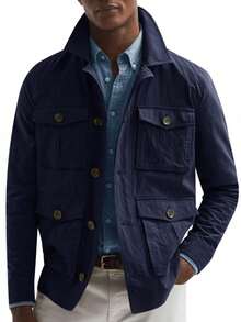 Men's Lightweight Jacket Button Up Casual Windproof Work Coat With Pockets - Màu xanh hải quân - Xem 3