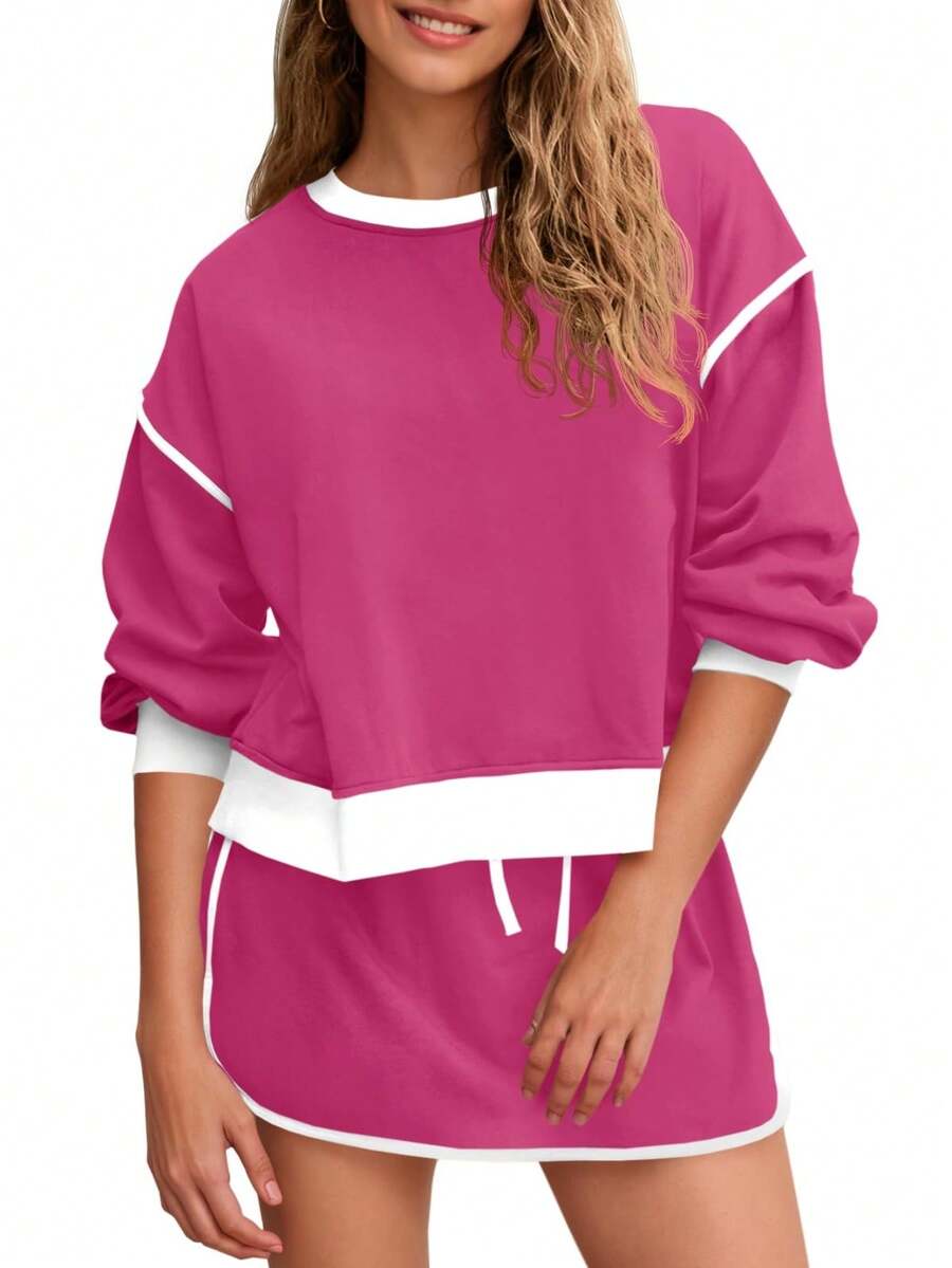 Fisoew Women's 2 Piece Sweatsuit Set - Comfortable Crewneck Sweatshirt & High Waisted Skort Skirt | Tennis Core Aesthetic, Y2K Tracksuit, Gym To Street Fashion, Oversized Lounge Set, Matching Workout Outfits - 玫瑰紅 - 查看 1
